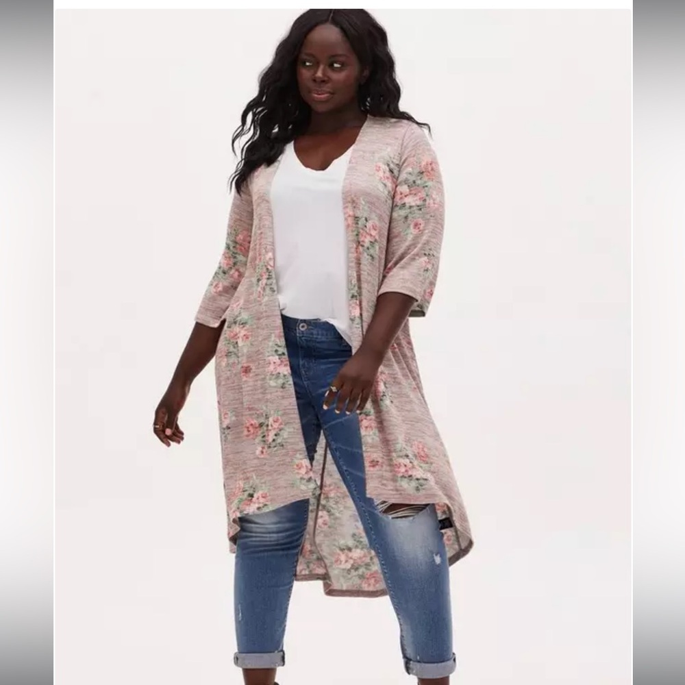 Torrid Floral Print Kimono in Pink and Green